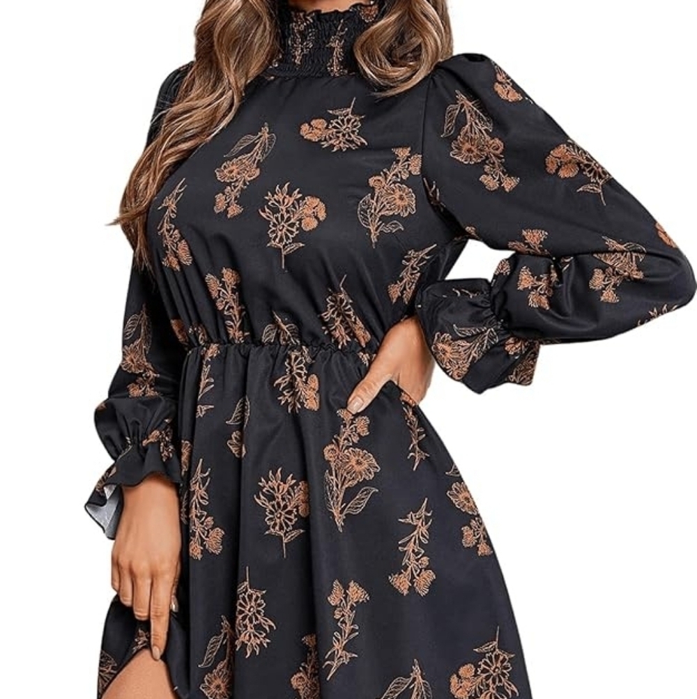 Floerns Black Floral Puff Sleeve NWT Size L
